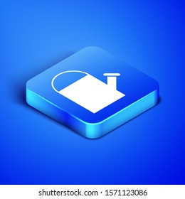 Isometric Watering can icon isolated on blue background. Irrigation symbol. Blue square button. Vector Illustration