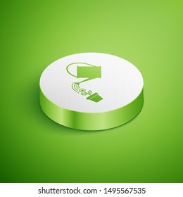 Isometric Watering can sprays water drops above flower in pot icon isolated on green background. Irrigation symbol. White circle button. Vector Illustration