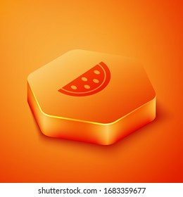 Isometric Watermelon icon isolated on orange background. Orange hexagon button. Vector Illustration
