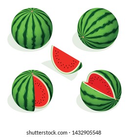 Isometric watermelon and pieces of refreshing watermelon on a white background.