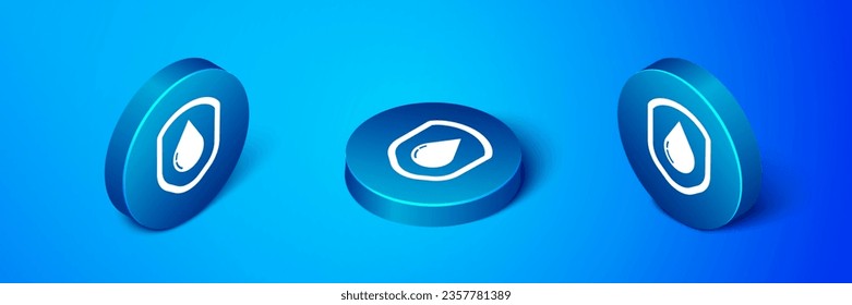 Isometric Waterproof icon isolated on blue background. Water resistant or liquid protection concept. Blue circle button. Vector Illustration