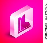 Isometric Waterproof rubber boot icon isolated on pink background. Gumboots for rainy weather, fishing, gardening. Silver square button. Vector Illustration