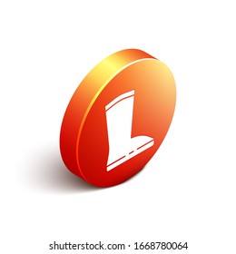 Isometric Waterproof rubber boot icon isolated on white background. Gumboots for rainy weather, fishing, gardening. Orange circle button. Vector Illustration