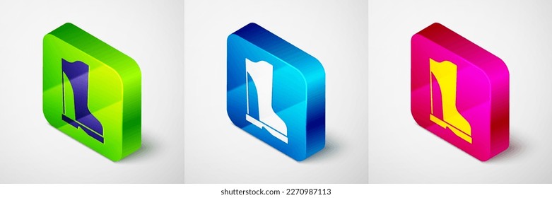 Isometric Waterproof rubber boot icon isolated on grey background. Gumboots for rainy weather, fishing, gardening. Square button. Vector