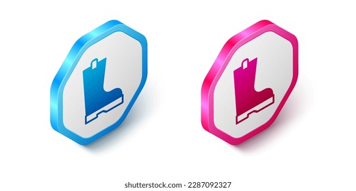 Isometric Waterproof rubber boot icon isolated on white background. Gumboots for rainy weather, fishing, gardening. Hexagon button. Vector