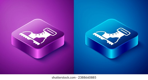 Isometric Waterproof rubber boot icon isolated on blue and purple background. Gumboots for rainy weather, fishing, gardening. Square button. Vector