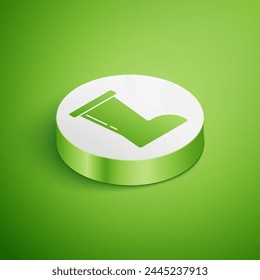 Isometric Waterproof rubber boot icon isolated on green background. Gumboots for rainy weather, fishing, gardening. White circle button. Vector