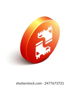 Icono de bota de goma impermeable isométrica aislado sobre fondo blanco. Botas de goma para el Clima lluvioso, la pesca, la jardinería. Botón de círculo naranja. Vector