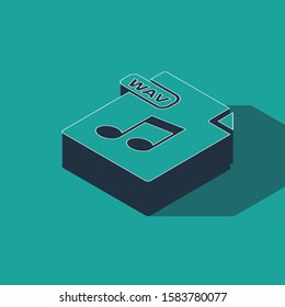 Isometric WAV file document. Download wav button icon isolated on green background. WAV waveform audio file format for digital audio riff files.  Vector Illustration