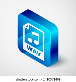 Isometric WAV file document icon. Download wav button icon isolated on white background. WAV waveform audio file format for digital audio riff files. Blue square button. Vector Illustration