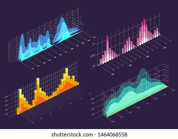 Isometric wave charts. Color 3d waves graphics for data and finances concepts or statistics, infographics and ui designs, vector illustration