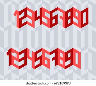 Isometric wave digits; Ornament of the flat isometric numbers; Geometric red digits on geometric arrow background

