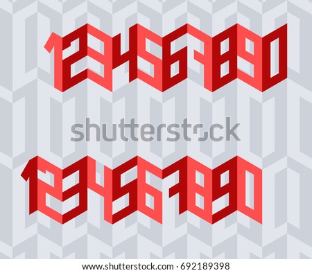 Isometric wave digits; Ornament of the flat isometric numbers; Geometric red digits on geometric arrow background
