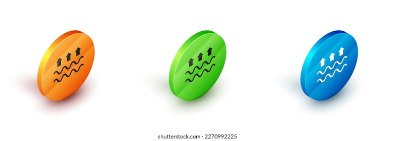 Isometric Waves of water and evaporation icon isolated on white background. Circle button. Vector