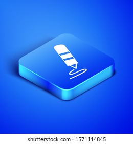 Isometric Wax crayon for drawing icon isolated on blue background. Blue square button. Vector Illustration