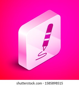 Isometric Wax crayon for drawing icon isolated on pink background. Silver square button. Vector Illustration