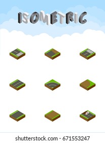 Isometric Way Set Of Bitumen, Footer, Unfinished And Other Vector Objects. Also Includes Construction, Unilateral, Highway Elements.