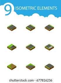 Isometric Way Set Of Downward, Down, Turning And Other Vector Objects. Also Includes Rightward, Asphalt, Downward Elements.