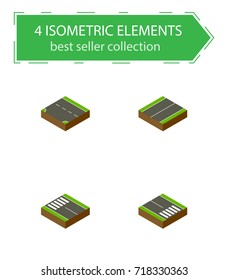Isometric Way Set Of Downward, Plane, Strip And Other Vector Objects. Also Includes Strip, Down, Pedestrian Elements.