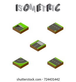 Isometric Way Set Of Downward, Road, Single-Lane And Other Vector Objects. Also Includes Footer, Asphalt, Bitumen Elements.