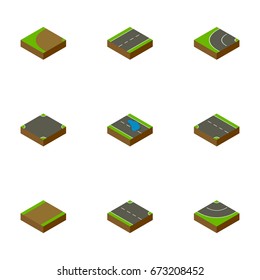 Isometric Way Set Of Downward, Turning, Driveway And Other Vector Objects. Also Includes Puddle, Intersection, Single Elements.