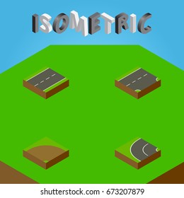 Isometric Way Set Of Driveway, Sand, Way Vector Objects. Also Includes Lane, Turn, Driveway Elements.