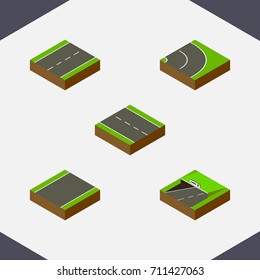 Isometric Way Set Of Driveway, Single-Lane, Subway And Other Vector Objects. Also Includes Subway, Asphalt, Strip Elements.
