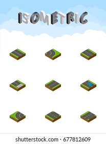 Isometric Way Set Of Flat, Plash, Down And Other Vector Objects. Also Includes Plane, Road, Lane Elements.