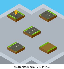 Isometric Way Set Of Footpath, Plane, Navigation And Other Vector Objects. Also Includes Road, Navigation, Downward Elements.