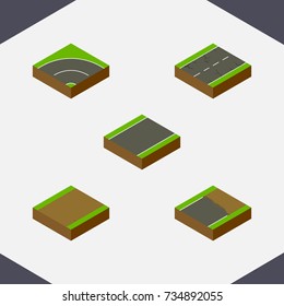 Isometric Way Set Of Footpath, Unfinished, Bitumen And Other Vector Objects. Also Includes Footpath, Earthquake, Strip Elements.