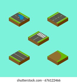 Isometric Way Set Of Plash, Rotation, Footer And Other Vector Objects. Also Includes Footer, Turning, Plash Elements.