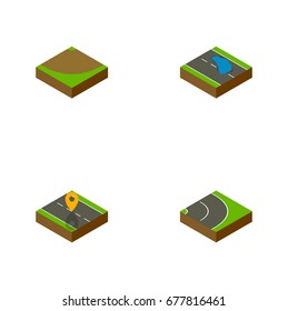 Isometric Way Set Of Plash, Turn, Navigation And Other Vector Objects. Also Includes Location, Turn, Asphalt Elements.