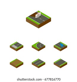 Isometric Way Set Of Repairs, Plash, Plane And Other Vector Objects. Also Includes Plane, Footpath, Flat Elements.