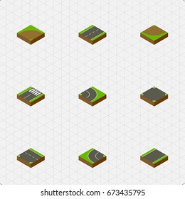 Isometric Way Set Of Sand, Downward, Turn Vector Objects. Also Includes Intersection, Strip, Crossroad Elements.