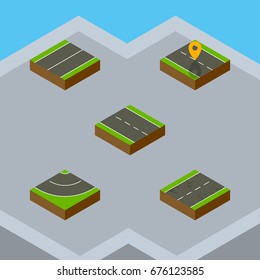 Isometric Way Set Of Single-Lane, Plane, Navigation And Other Vector Objects. Also Includes Road, Driveway, Location Elements.