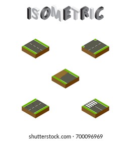 Isometric Way Set Of Single-Lane, Strip, Cracks And Other Vector Objects. Also Includes Earthquake, Single, Road Elements.