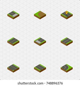 Isometric Way Set Of Single-Lane, Turning, Downward And Other Vector Objects. Also Includes Navigation, Single, Earthquake Elements.