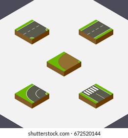 Isometric Way Set Of Strip, Turning, Down And Other Vector Objects. Also Includes Driveway, Pedestrian, Bitumen Elements.