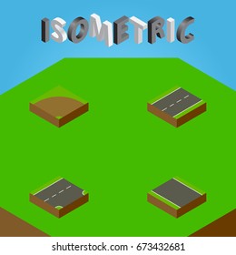 Isometric Way Set Of Without Strip , Driveway, Sand Vector Objects. Also Includes Sand, Road, Strip Elements.