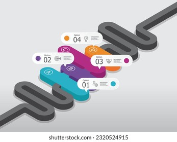 isometrische Wegschritte Zeitstrahl-Infografik-Element-Report-Hintergrund mit Business-Linie-Symbol 4 Schritte für jede unternehmensbezogene Präsentation oder Publikation, Vektorgrafik
