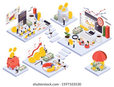 Isometric wealth management concept with abstract room or square islands and stairs about wealth management theme people planning strategy vector illustration
