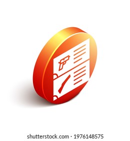 Isometric Weapon catalog icon isolated on white background. Police or military handgun. Small firearm. Orange circle button. Vector