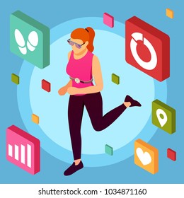 Isometric wearable sport devices background with female human character doing taking exercises with mobile fitness application pictograms vector illustration