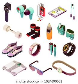 Isometric wearable sport devices icons collection of sixteen isolated images with various smart sport equipment vector illustration