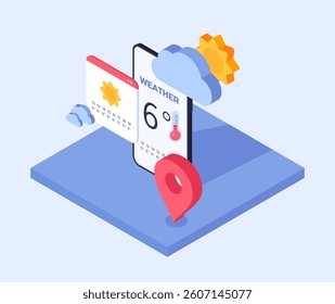 Isometric weather forecast application and calendar with sun, clouds, and location pin on blue platform, representing modern climate data tracking. Vector illustration