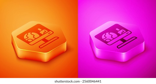 Isometric Weather forecast icon isolated on orange and pink background. Hexagon button. Vector