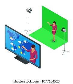Isometric Weather forecast. A television anchorwoman at studio during live broadcasting