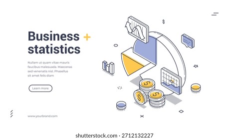 Anuncio de Web isométrico para estadísticas de negocios y análisis de datos. Plantilla de Ilustración vectorial con gráfico circular y monedas. Concepto para el informe financiero, la investigación de mercado y el diseño moderno de la página de Web