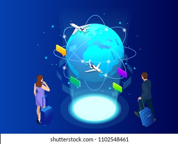 Isometric web banner businesswomen hold Luggage business trip. Travel to World. Road trip. Tourism. Landmarks on the globe. Concept website template. Vector illustration.