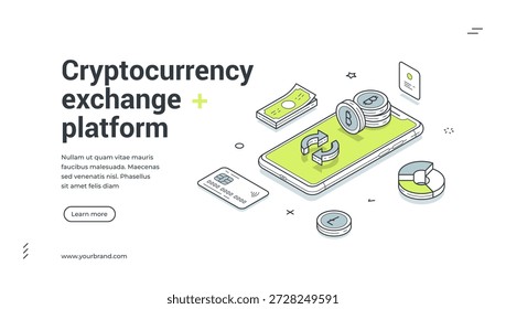 Anuncio de Web isométrico para plataforma de intercambio de criptomonedas. Plantilla de Ilustración vectorial con smartphone, bitcoin para cripto trading y aplicación móvil de tecnología blockchain